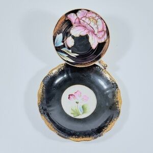 ROYAL SEALY Bone China Footed Teacup & Saucer Japan, Lusterware Pink Flowers Vtg
